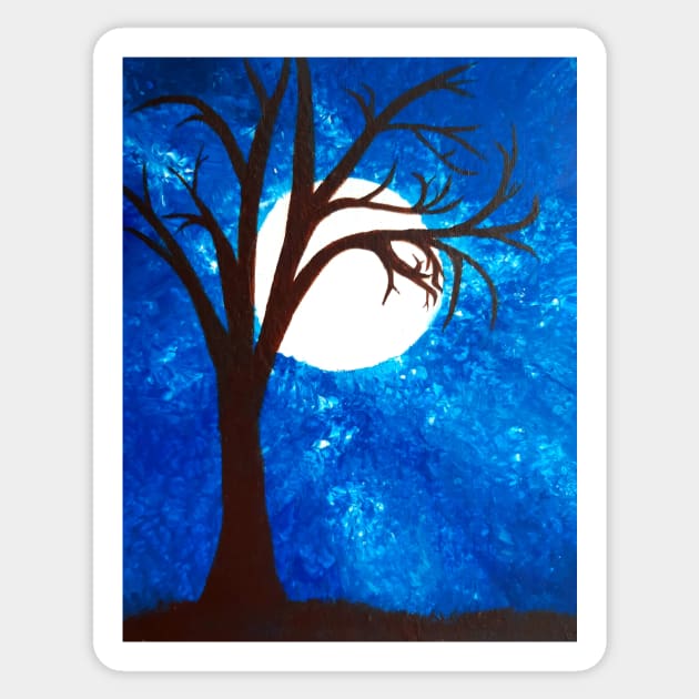 A moonlit blue nightsky in winter bare tree spooky eerie Sticker by LukjanovArt